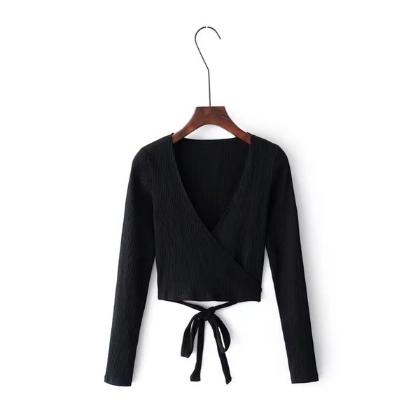 

2020 мода женщины лето элегантный длинный рукав вязаный ребристый обернуть топ сексуальная блузка, White