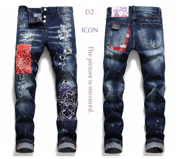 

2020 het d2 mens icon design denim jean embroidery pants holes badges jeans zipper mendsq2 pants trousers skinny jeansds2men jeans 92c95#, Blue