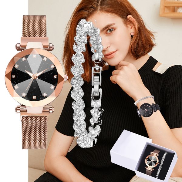 

new quartz watch set women bracelet watch ladies starry sky women wristwatch zegarki damskie montre bracelet, Slivery;brown