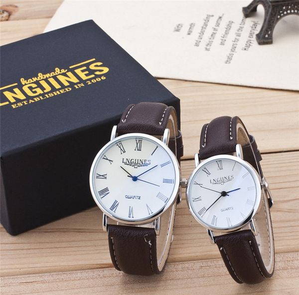 

2pcs fashion couple watches casual high gloss glass leather belt wrist watch set contains box lover clock gifts /c, Slivery;brown