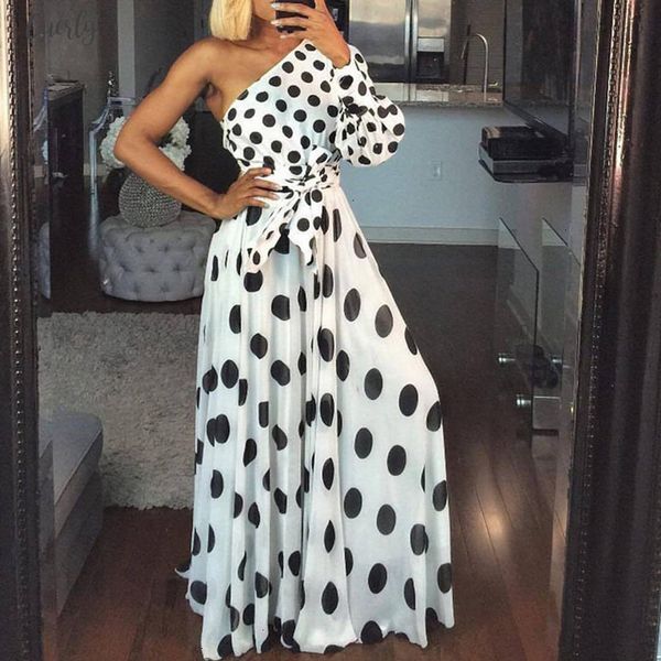 

omen casual polka dot printed dress summer polyester one shoulder long sleeve long maxi dress elegant party club sashes vestidos, Black;gray