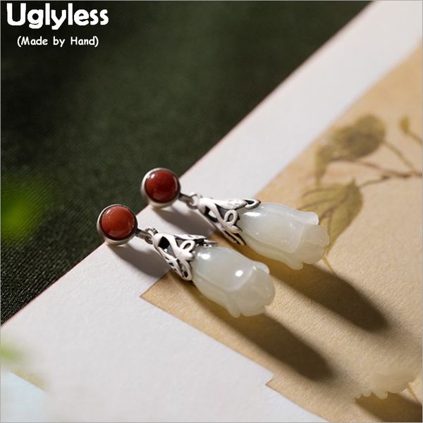 

uglyless real 925 sterling silver ethnic flower earrings for women natural jade floral dangle earrings agate fine jewelry e1761, Golden;silver