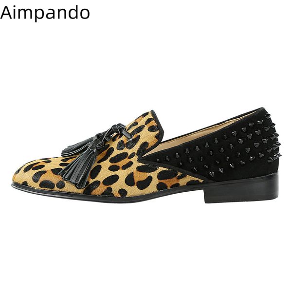 

leopard rivet mixed color slip on loafers for men round toe fringe tassels patchwork new fashion dress shoes casual shoes men, Black