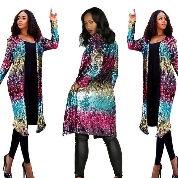 

2018 sequined fashion cardigan coat sequin long coats wf837, Tan;black