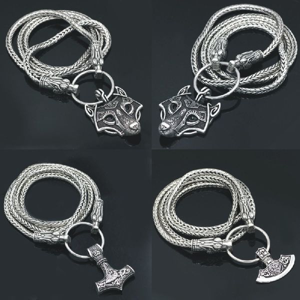 

nordic mythology wolf head pendant necklace male 316l stainless steel viking thor hammer pendant necklace gothic party jewelry, Silver