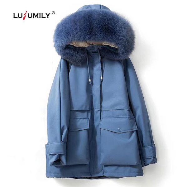

lusumily winter women's down jackets and coats big fur hooded -20 degree white duck down thick parkas sash tie up snow outwear, Black