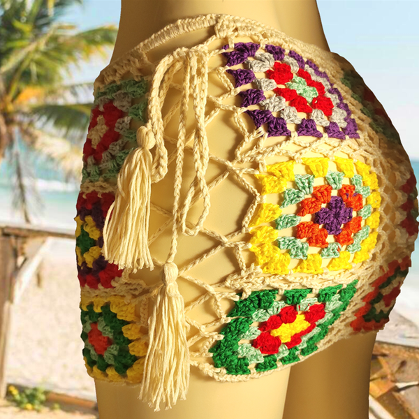 

sarongs 2021 colorful beach skirt. hand-made cotton crochet mini skirt with lace-up details on the sides.to keep in place, Blue;gray
