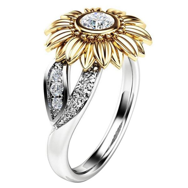 

new cz stone fashion jewelry sterling silver ring cute sunflower crystal wedding rings for women female finger ring band, Golden;silver