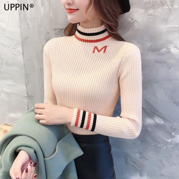 

uppin half-neck sweater female 2019 autumn and winter new striped letter sweater slim sleeve long-sleeved shirt, White;black