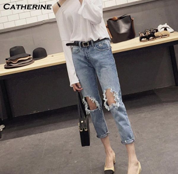 

style cotton jeans pants summer fall for women jeans 2020 casual boyfriend denim pencil ripped cool high fashion skinny#j3, Blue
