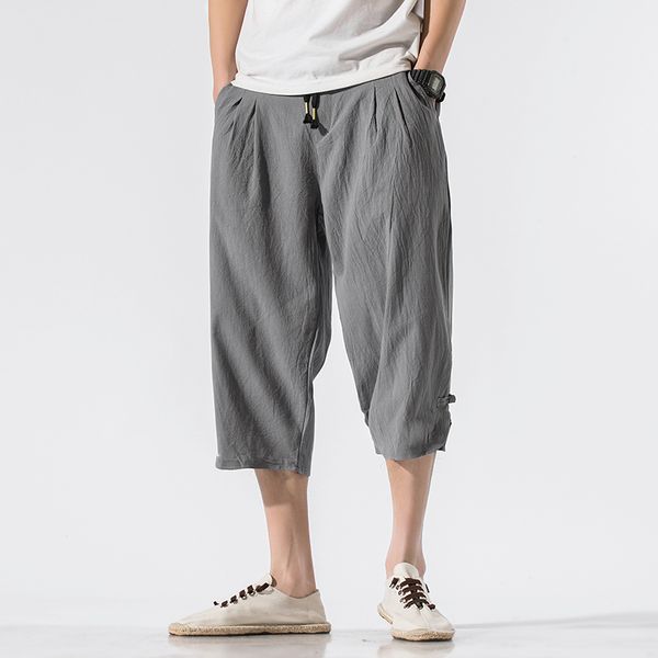 

2020 men streetwear linen cotton pants men vintage hip hop baggy harem pants man elastic waist calf-length, Black