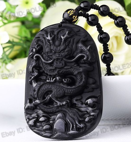 

chinese handmade natural black obsidian carved dragon lucky pendants necklace, Silver