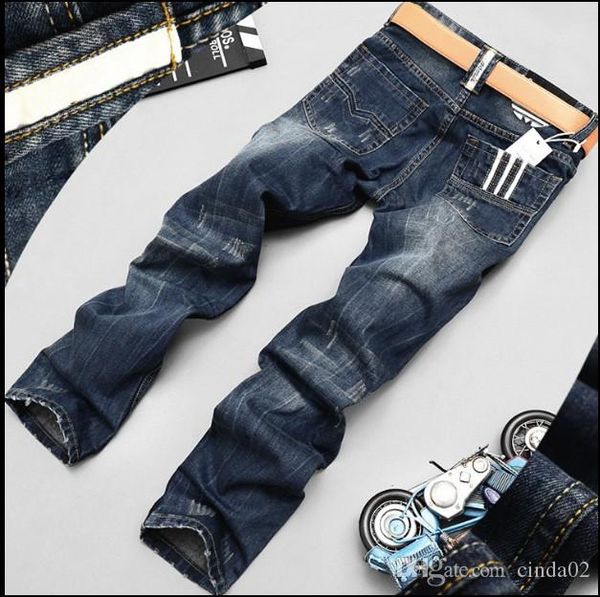 

мода байкер джинсы кнопка fly брюки мужские джинсы дизайнер высокого качества синий черный цвет straight рваные джинсы для мужчин, Blue
