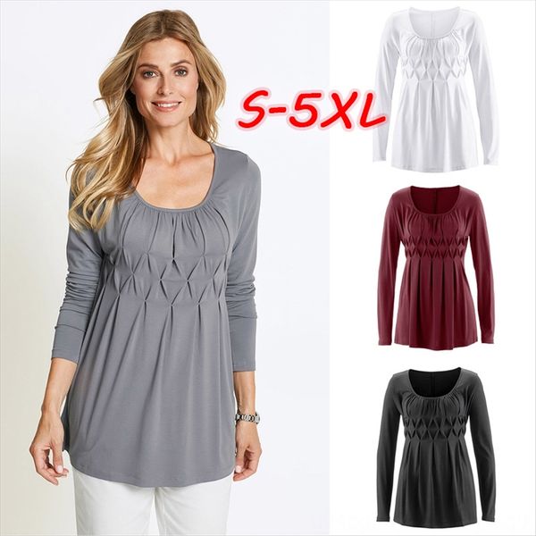 

2019 women's solid color breast t-shirt pullover pleated pullover round neck long sleeve t-shirt women, White