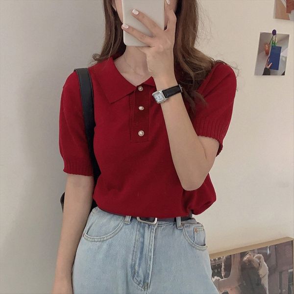 

women's clothing season simple polo collar slim pullover short sleeve solid color slim short pullover sweater, White