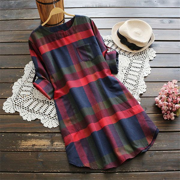 

women ladies plaid dress long sleeve cotton linen a-line loose pocket vintage dress plus size 5xl vestido, Black;gray