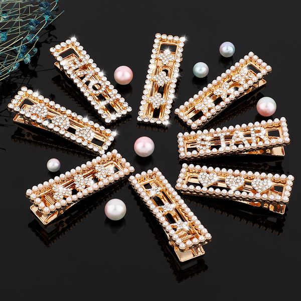 Pearl Rhinestone Gold Hair Clip Letter Word Star Heart Butterfly