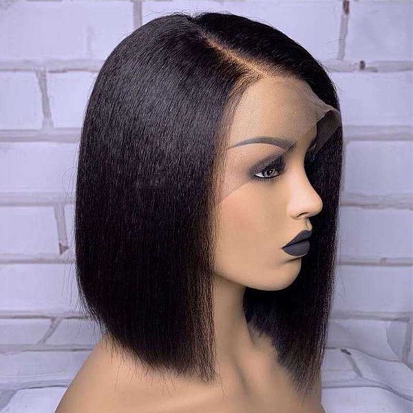 

yaki short bob lace front human hair wigs brazilian bob lace front wigs kinky straight wig for black women, Black;brown