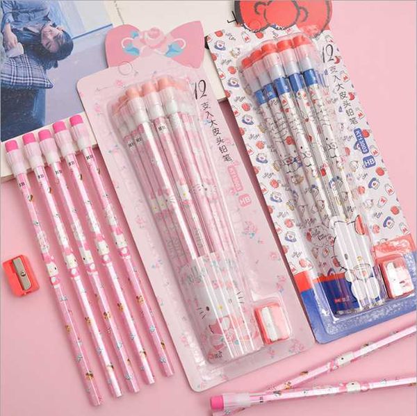 

12 шт карандаш принадлежности деревянные карандаши студент школьные принадлежности новизны милая девушка hello kitty rubber точилка 6 7 лет