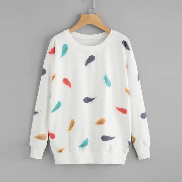 

sweatshirt women sweatshirt oversized autumn winter rainbow feather print long sleeve basic clothes casual sudadera mujer, Black
