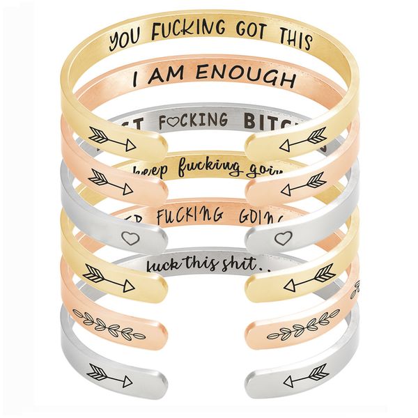 

gold stainless steel positive engraved cuff bracelets women letter mantra keep going charm bangles couple friends jewelry gifts, Black
