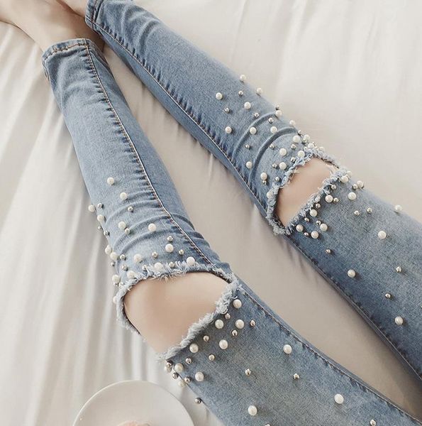 

new fashion diamond bead jeans women skinny denim pencil pants hole jeans, Blue