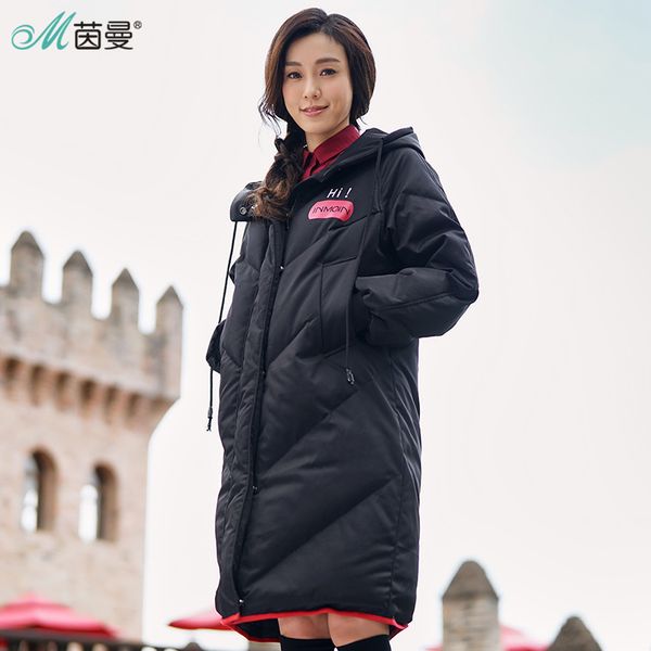

inman hooded printing leisure ladies female girl winter long duck down leather warm coat women jackets fashion overcoat, Black