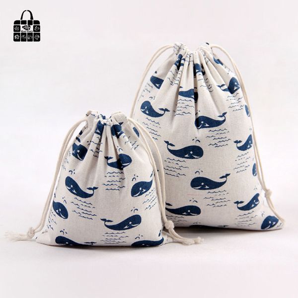 

1pc cute blue whale cotton linen fabric dust bag travel clothes storage bag portable organizer home sundry kids toy storage bags