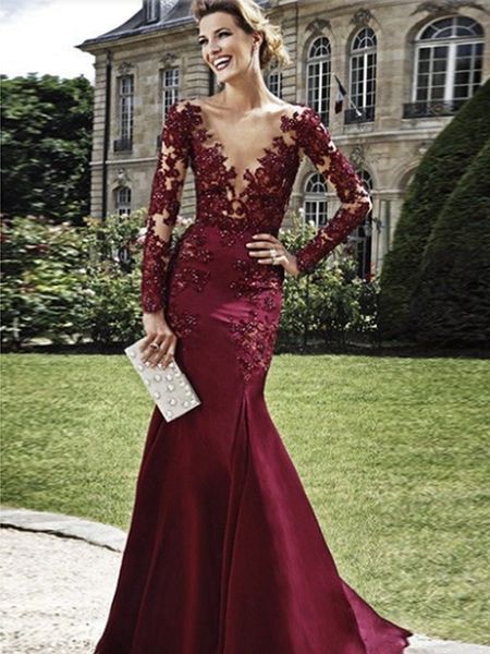 

graceful deep v-neck satin mermaid burgundy party dress applique sequins long sleeve lace prom dress sweep train formal dresses for women, Black