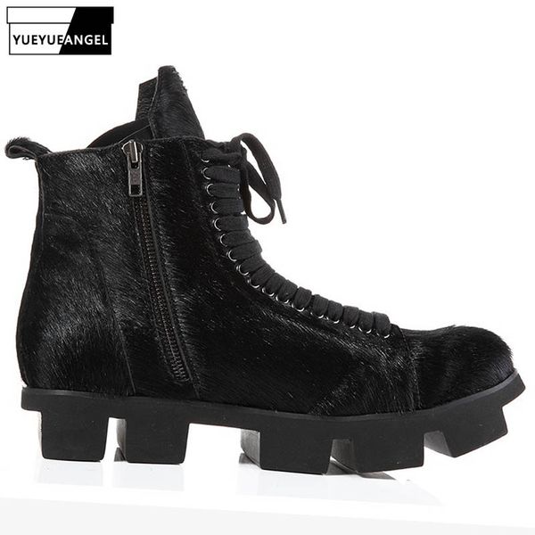 

high street winter thick bottom genuine leather mens snow boots horse hair fur lace up zip vintage ankle boots calzado hombre, Black
