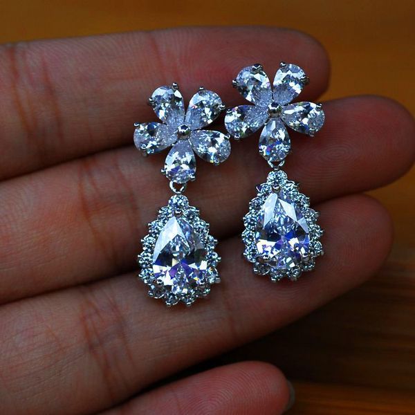 

fashion female diamond flower drop earrings 925 sterling silver blue white earrings boho wedding jewelry long dangle earrings, Golden;silver