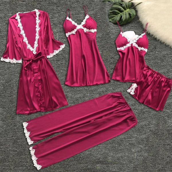 

5pc set women sleepwear lace pajamas set nightwear underwear babydoll sleepwear robe suit pijama mujer algodon 2019, Black;red
