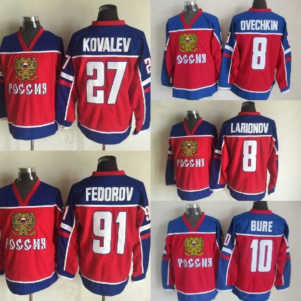 

2002 team russia olympic hockey 8 alexander ovechkin 10 pavel bure 91 sergei fedorov 27 alex kovalev 8 igor larionov retro jerseys red, Black;red