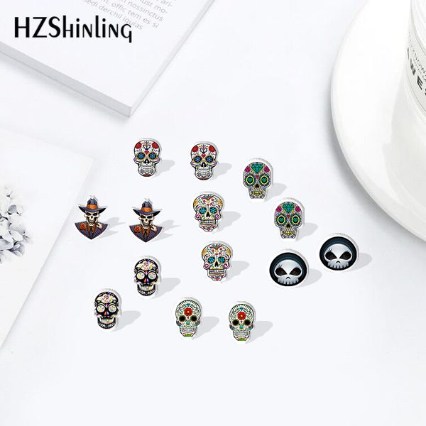 

hzshinling acrylic earrings sugar skull flower halloween shrinky dinks earrings resin earrings jewelry epoxy, Golden;silver