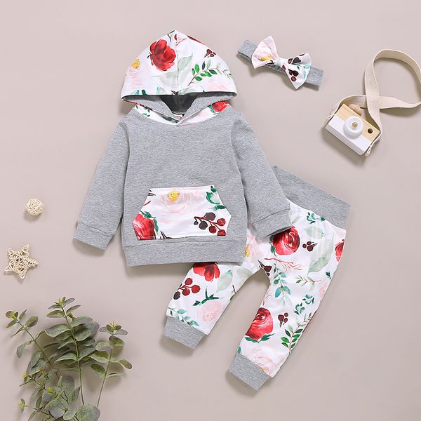 

infant baby boys girls floral print pullover hoodie t-shirt +pants outfits cute kids girls heat fashion long sleeve clothes, White