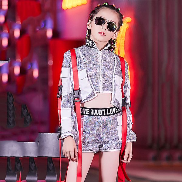 

silver jazz dance costumes for girls hip hop performance clothing street dance rave outfit kids dancing practice clothes dc3264, Black;red
