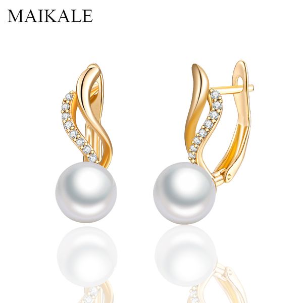 

maikale gold delicate round big pearl earrings micro inlay cubic zirconia stud earrings for women jewelry trendy gifts brincos, Golden;silver