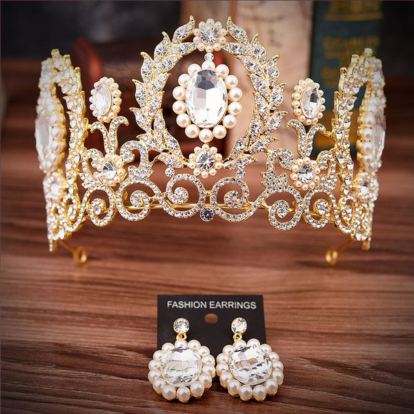 

vintage baroque gold rhinestone crystal women tiara and crown earring set wedding diadem headpiece hair jewelry accessories jl, Golden;white