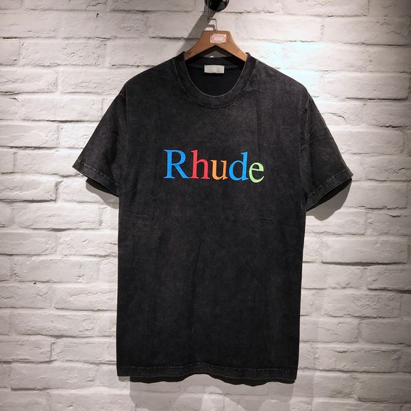 

2019 pop dyeing grey letter printed rhude short sleeve t shirt women rh men cotton hip hop streetwear rhude tee, White;black