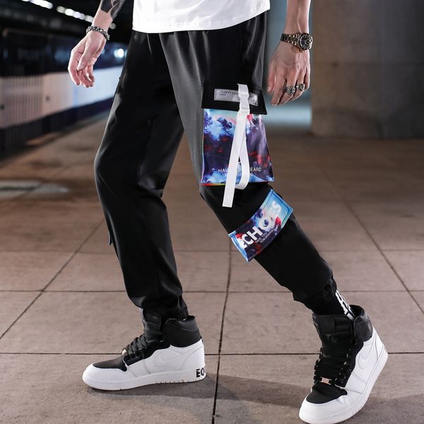 

spring autumn new side stripe panelled bottom-tied men jogger casual sportpants hip hop streetwear elastic waist trousers, Black