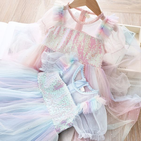 

5259 rainbow sequins ruffles tutu princess baby girl dress summer party wedding kid dress for girl wholesalelot children clothes, Red;yellow