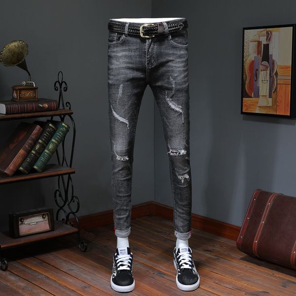 

new casual men skinny ripped stretch gray jeans, Blue