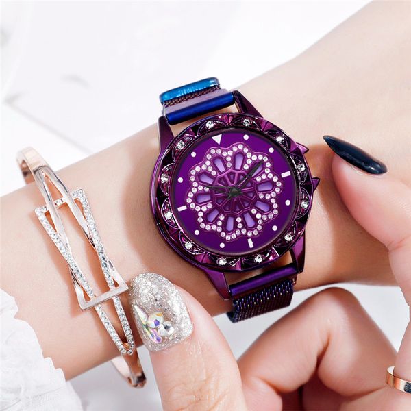 

luxury watch women 360 degree rotation watch magnet quartz wristwatches date clock ladies watches women watches, Slivery;brown
