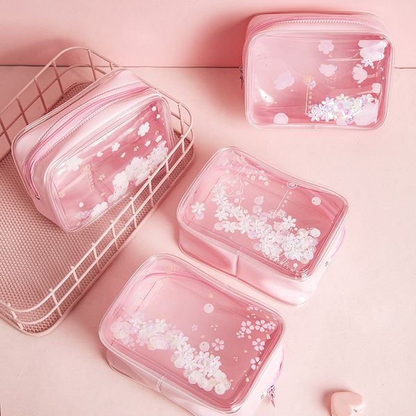

pink cherry blossom pattern waterproof cosmetic ins style travel storage bag