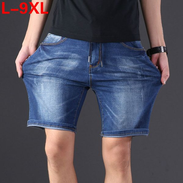 

plus size 9xl 8xl 7xl 6xl extra large size men's denim shorts oversized men's elastic waist knee length summer loose shorts men, Blue