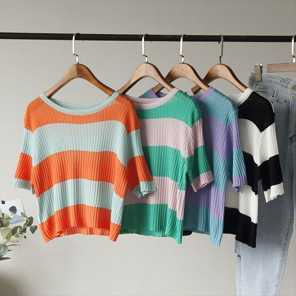 

omale] women's summer contrast color wide stripe t-shirt round collar short sleeve knitted t-shirt good quality 4244, White