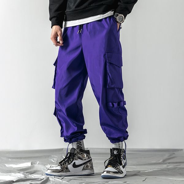 

side pocket cargo harem pants mens casual jogger streetwear hip hop ankle drawstring trousers elastic waist loose pant men, Black