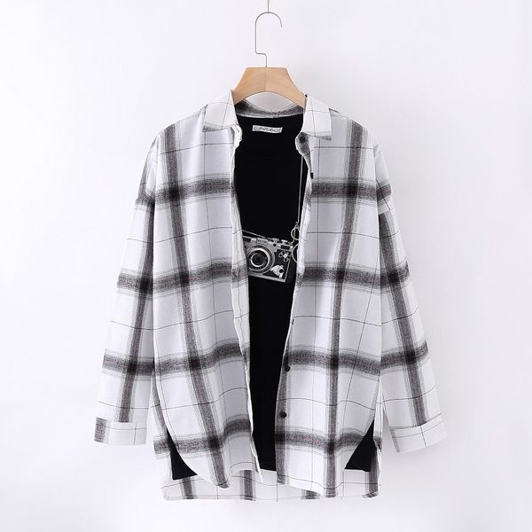

women plaid shirts japanese style loose spring long sleeve blouses flannel plaid shirt casual female plus size blouse shir, White
