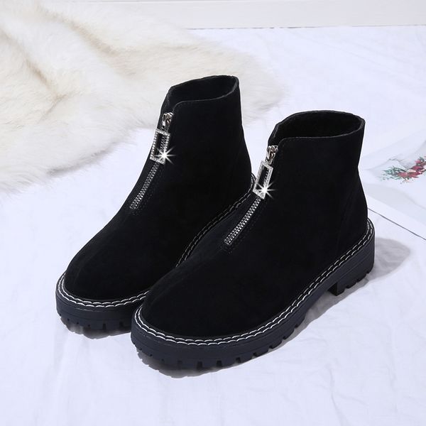 

women's casual boots cloth leather fashionable wild zipper closure design concise convenient trend high-plus velvet warm, Black