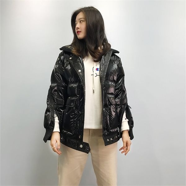 

women's down & parkas 2021 casual women coat female korean fashion paint leather glossy silver lamb hair big fur collar winter jacket y, Black